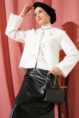 Kurdele Bağcıklı Buklet Ceket Beyaz - Thumbnail