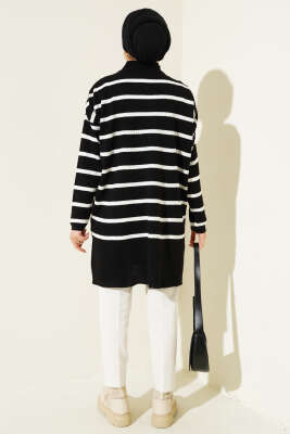 Fitilli Çizgili Salaş Triko Tunik Siyah - Thumbnail