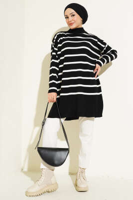 Fitilli Çizgili Salaş Triko Tunik Siyah - Thumbnail