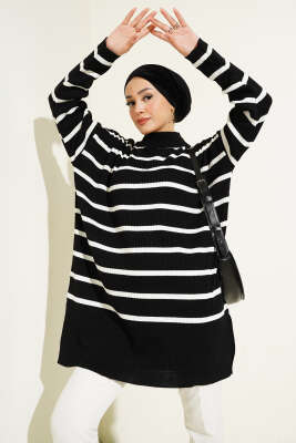 Fitilli Çizgili Salaş Triko Tunik Siyah - Thumbnail