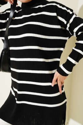 Fitilli Çizgili Salaş Triko Tunik Siyah - Thumbnail