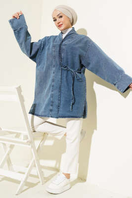 Yandan İp Bağlamalı Kot Kimono Kot Mavisi - Thumbnail