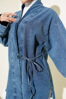 Yandan İp Bağlamalı Kot Kimono Kot Mavisi - Thumbnail