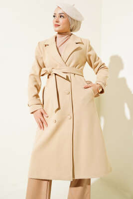 Pazarium - Boydan Düğmeli Kruvaze Yaka Kaşe Kaban Bej 