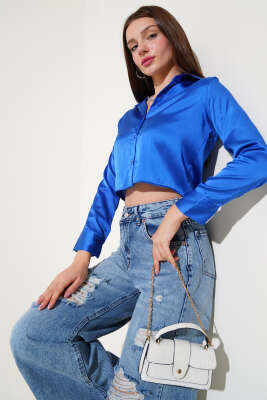 Pazarium - Kısa Saten Gömlek Saks