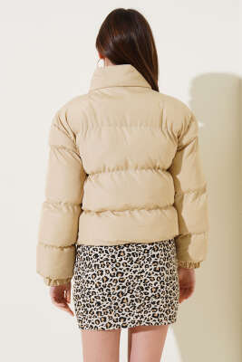 	 Etek Ucu Lastikli Kısa Şişme Mont Bej - Thumbnail