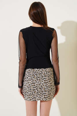 Kolları Tül Sandy Bluz Siyah - Thumbnail