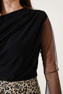 Kolları Tül Sandy Bluz Siyah - Thumbnail