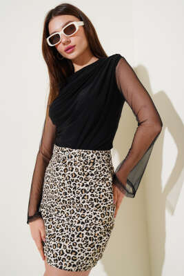 Kolları Tül Sandy Bluz Siyah - Thumbnail