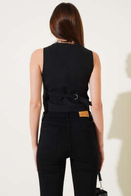 Cep Detaylı Crop Yelek Siyah - Thumbnail