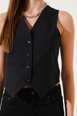 Cep Detaylı Crop Yelek Siyah - Thumbnail