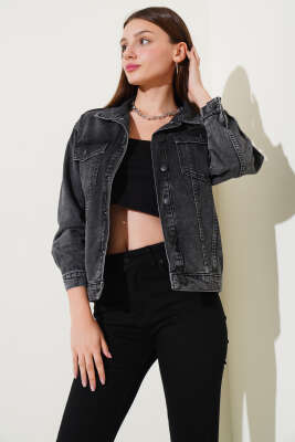 	 Çift Cep Kapaklı Kısa Kot Ceket Füme - Thumbnail