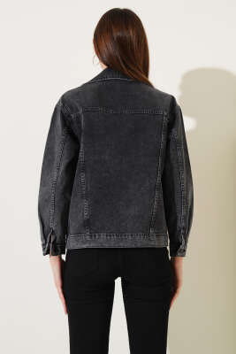 	 Çift Cep Kapaklı Kısa Kot Ceket Füme - Thumbnail