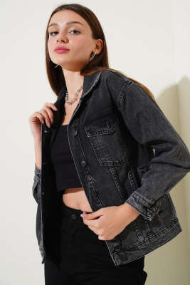 	 Çift Cep Kapaklı Kısa Kot Ceket Füme - Thumbnail