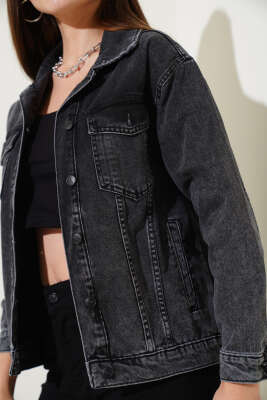 	 Çift Cep Kapaklı Kısa Kot Ceket Füme - Thumbnail