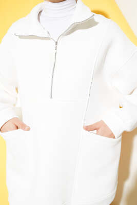 Yarım Fermuarlı Cepli Üç İplik İkili Takım Beyaz - Thumbnail