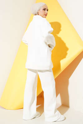 Yarım Fermuarlı Cepli Üç İplik İkili Takım Beyaz - Thumbnail