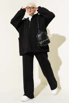 Yarım Fermuarlı Cepli Üç İplik İkili Takım Siyah - Thumbnail