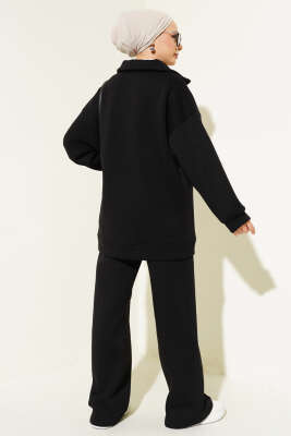 Yarım Fermuarlı Cepli Üç İplik İkili Takım Siyah - Thumbnail