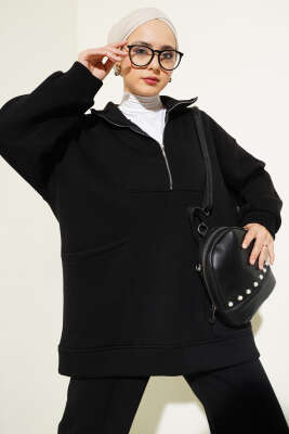 Yarım Fermuarlı Cepli Üç İplik İkili Takım Siyah - Thumbnail