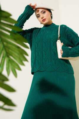 Kabartma Desen Triko Jile Elbise Takım Zümrüt - Thumbnail