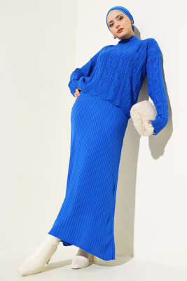 Kabartma Desen Triko Jile Elbise Takım Saks - Thumbnail