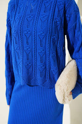 Kabartma Desen Triko Jile Elbise Takım Saks - Thumbnail