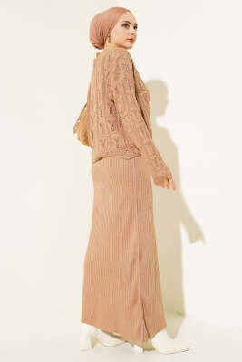 Kabartma Desen Triko Jile Elbise Takım Latte - Thumbnail