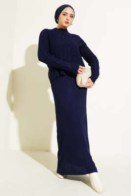 Kabartma Desen Triko Jile Elbise Takım Lacivert - Thumbnail