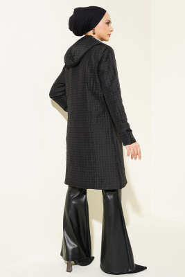 Kapüşonlu Fermuarlı Kapitone Mont Siyah - Thumbnail