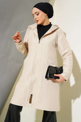 Kapüşonlu Fermuarlı Kapitone Mont Bej - Thumbnail
