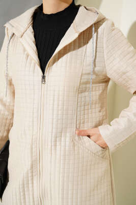 Kapüşonlu Fermuarlı Kapitone Mont Bej - Thumbnail