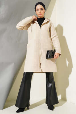 Kapüşonlu Fermuarlı Kapitone Mont Bej - Thumbnail