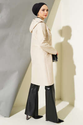 Kapüşonlu Fermuarlı Kapitone Mont Bej - Thumbnail