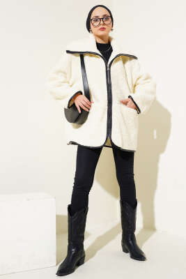 Deri Biyeli Peluş Mont Ekru - Thumbnail