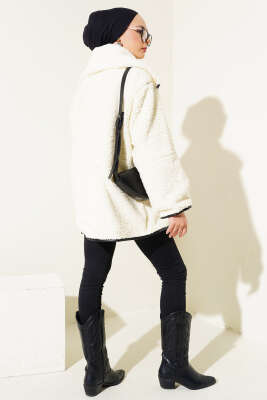 Deri Biyeli Peluş Mont Ekru - Thumbnail