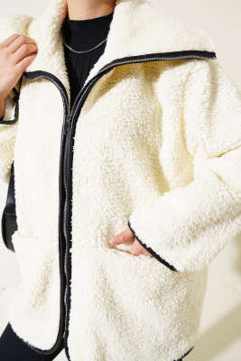 Deri Biyeli Peluş Mont Ekru - Thumbnail