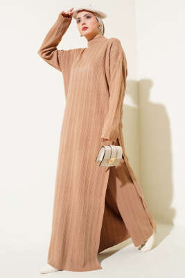 Fitilli Dik Yaka Uzun Tunik Triko İkili Takım Bisküvi - Thumbnail