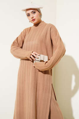 Fitilli Dik Yaka Uzun Tunik Triko İkili Takım Bisküvi - Thumbnail