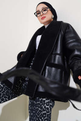 İçi Kürklü Kuşaklı Deri Mont Siyah - Thumbnail