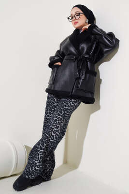 İçi Kürklü Kuşaklı Deri Mont Siyah - Thumbnail