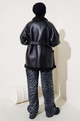 İçi Kürklü Kuşaklı Deri Mont Siyah - Thumbnail