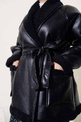 İçi Kürklü Kuşaklı Deri Mont Siyah - Thumbnail