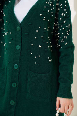 Önü İnci Süslemeli Düğmeli Triko Hırka Zümrüt - Thumbnail