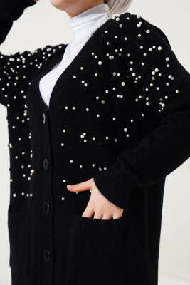 Önü İnci Süslemeli Düğmeli Triko Hırka Siyah - Thumbnail