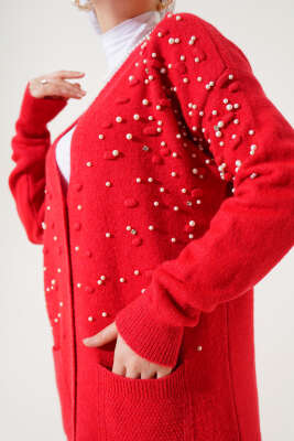 Önü İnci Süslemeli Düğmeli Triko Hırka Kırmızı - Thumbnail