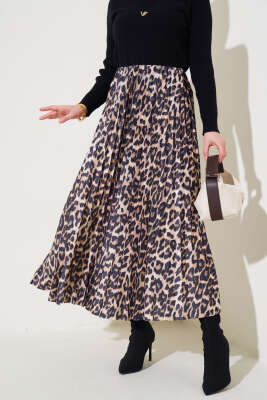 Leopar Desen Pliseli Etek Camel - Thumbnail