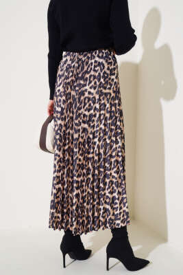 Leopar Desen Pliseli Etek Camel - Thumbnail