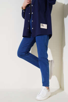 Pazarium - Dar Paça Bel Lastikli Kot Pantolon Mavi