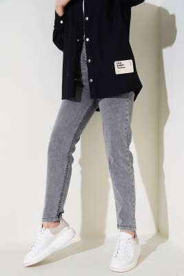 Pazarium - 	 Dar Paça Bel Lastikli Kot Pantolon Füme